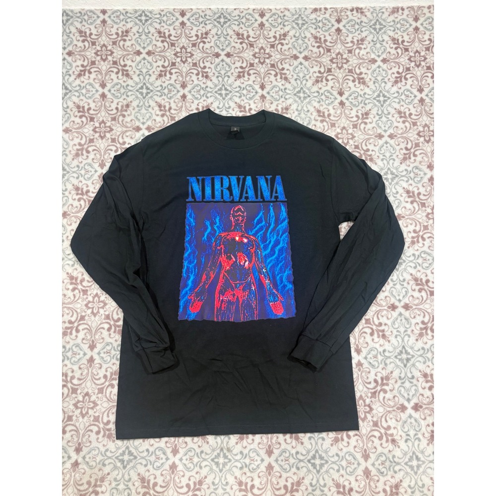 Nirvana Long Sleeve Graphic T-Shirt Mens Medium Black Cotton Band Tee 4193